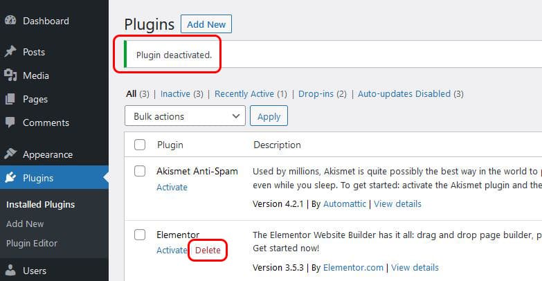 deactivated plugin message
