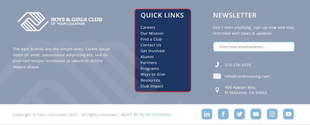 Screengrab of website footer with quick links area in column two highlighted