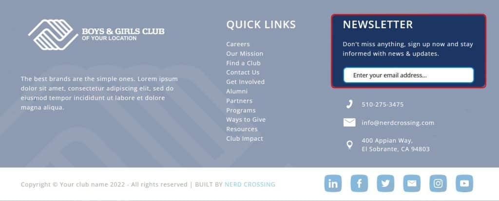 Screengrab of website footer with newsletter in column three highlighted