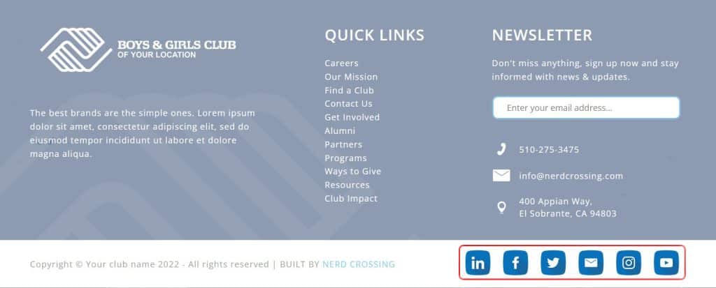 Screengrab of website footer with social icons area in bottom bar highlighted