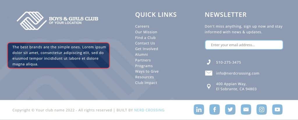 Screengrab of website footer with text in column one highlighted