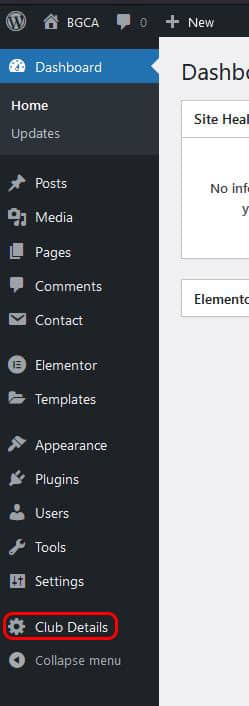 Screenshot of the main WordPress admin menu with the "Club Details" item highlighted.