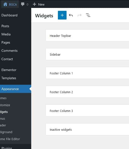 screen grab of widget page in worpress menu