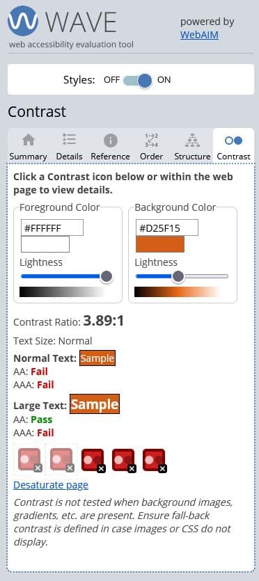 Screenshot of the web accessibility evaluation tool being used to check contrast.