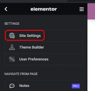 Screenshot with Site settings highlighted