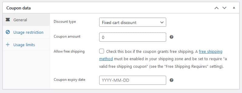 screenshot of coupon data settings with general section showing