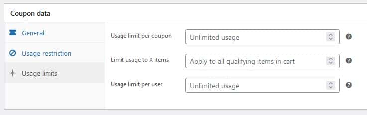 screenshot of coupon data settings with usage limits section showing