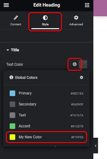 Screenshot with Style, global color icon and the new color highlighted.