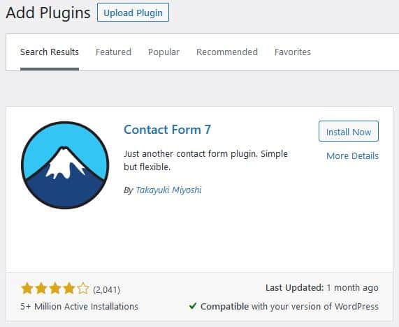 Screenshot of the Contact Form 7 listing on the WordPress Add Plugin page.