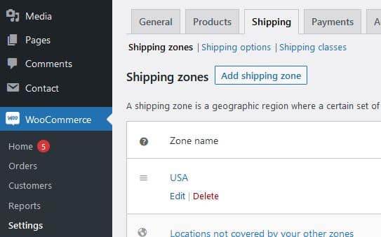 Screenshot showing Shipping zones settings