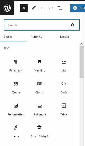 Screenshot showing Smart Slider 3 as a WordPress block option