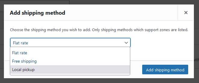 Screenshot showing Shipping Method options
