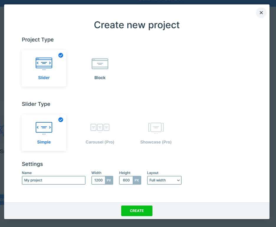Screenshot showing project type options