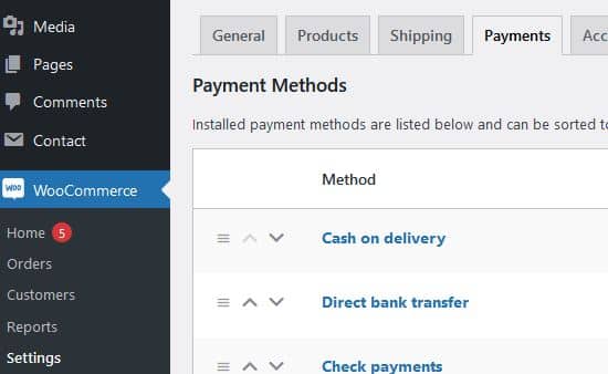 Screenshot showing Payment Methods settings