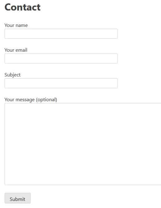 Screenshot of contact form on page
