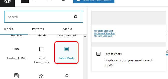 Screenshot of wp-admin area with Latest Posts block indicated